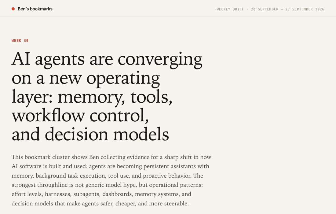 The weekly brief for 20 to 27 September: Week 39, a headline about AI agents converging on a new operating layer, a short overview, and 113 bookmarks from 88 people in 7 themes