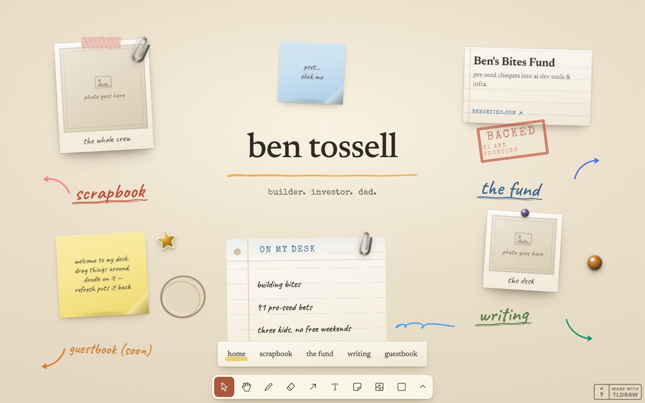 The July desk: ben tossell in the middle of a paper-coloured canvas, with polaroid placeholders, sticky notes, an index card for the fund, hand-written labels for scrapbook, the fund, writing and guestbook, and tldraw’s drawing tools at the bottom