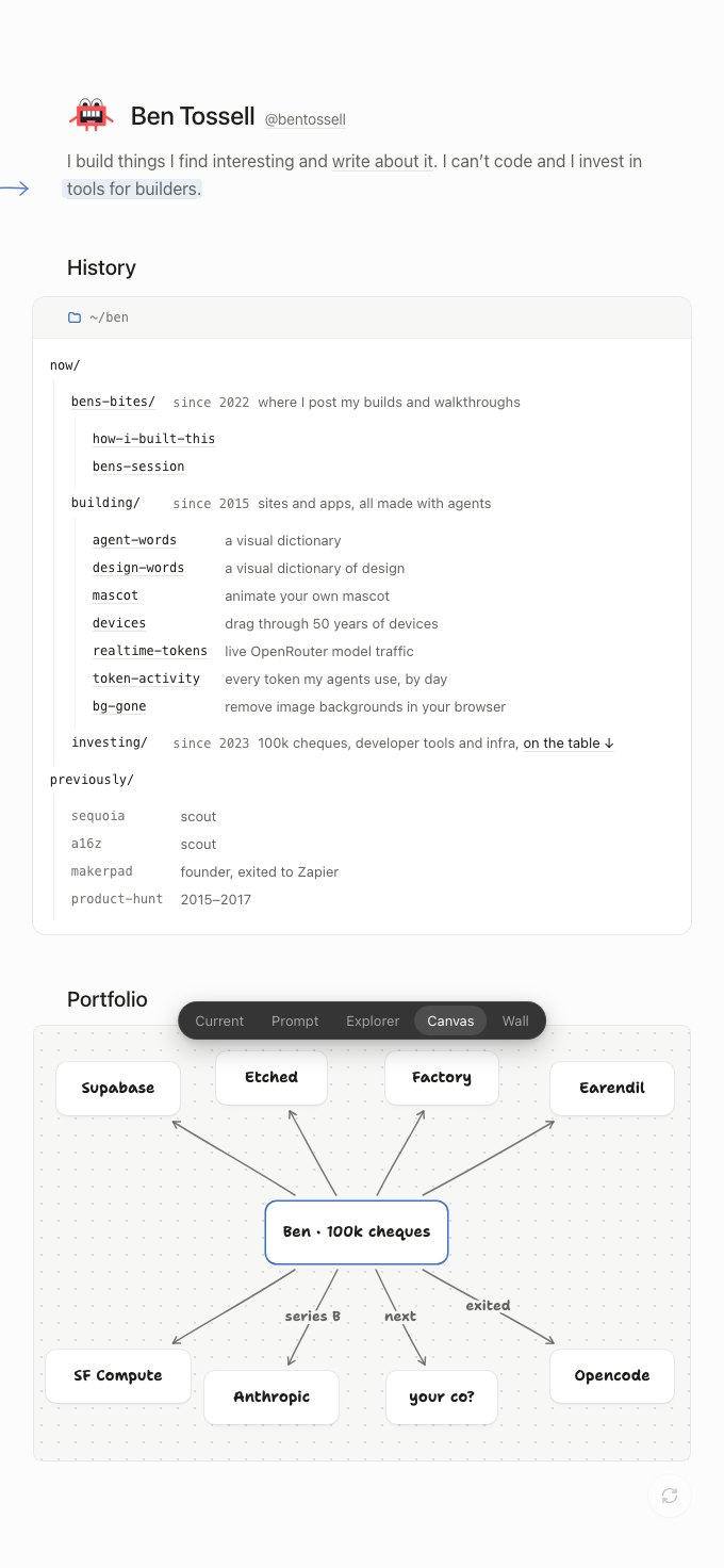 Version Canvas: a ~/ben file tree, a handwritten note, and the portfolio as cards on a canvas joined to Ben · 100k cheques