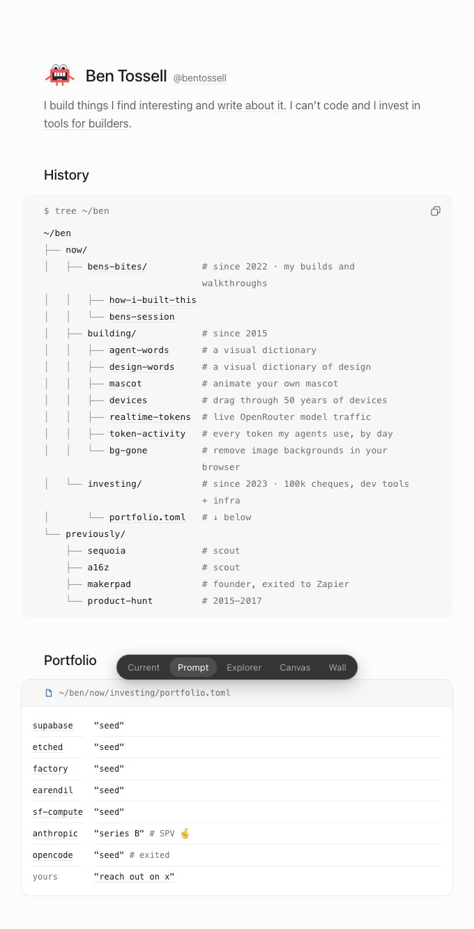 Version Prompt: the history as tree output in a prompt card, and the portfolio as a portfolio.toml file