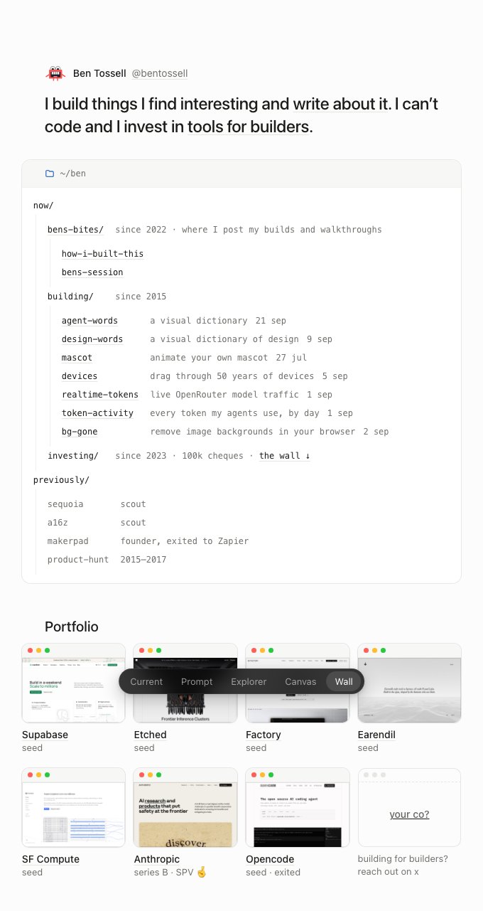 Version Wall: a bigger line about Ben, the ~/ben tree, and the portfolio as a wall of company screenshots