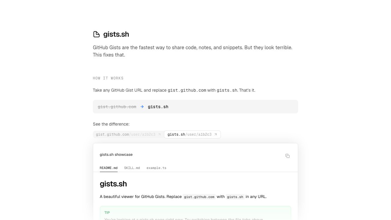 gists.sh: one narrow column, a small title, a line of text and a plain example, lots of white space