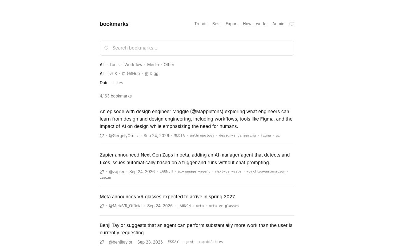 bookmarks: a search box, category and source filters, and a list of saved posts, each with a one-line summary, the author, the date and tags