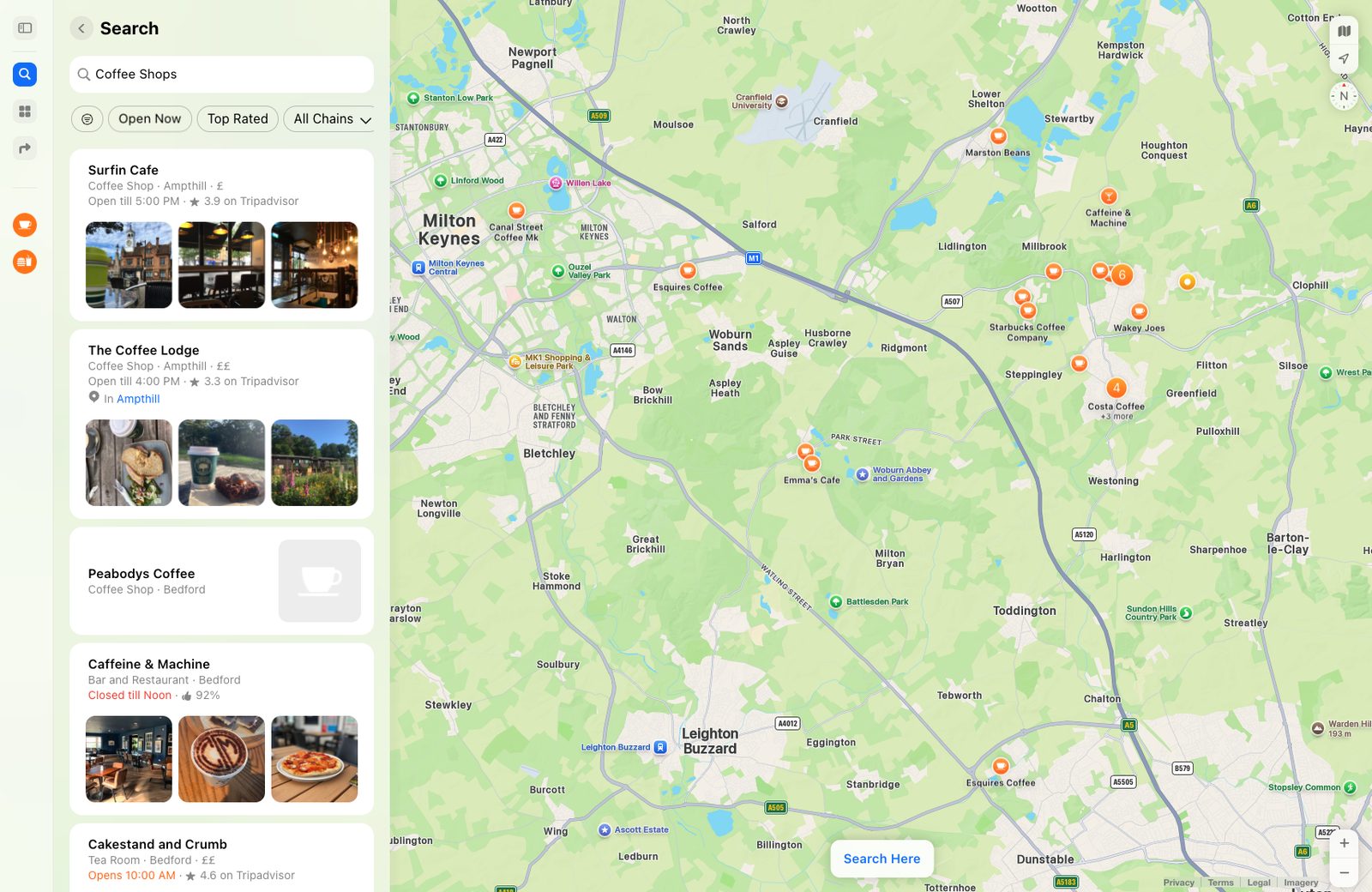 Apple Maps: a search for coffee shops, a list of cafés with photos on the left and orange pins on the map