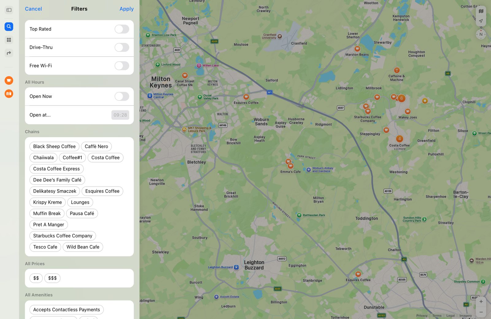 Apple Maps: the Filters panel, with switches for Top Rated and Open Now and a list of coffee chains as pills