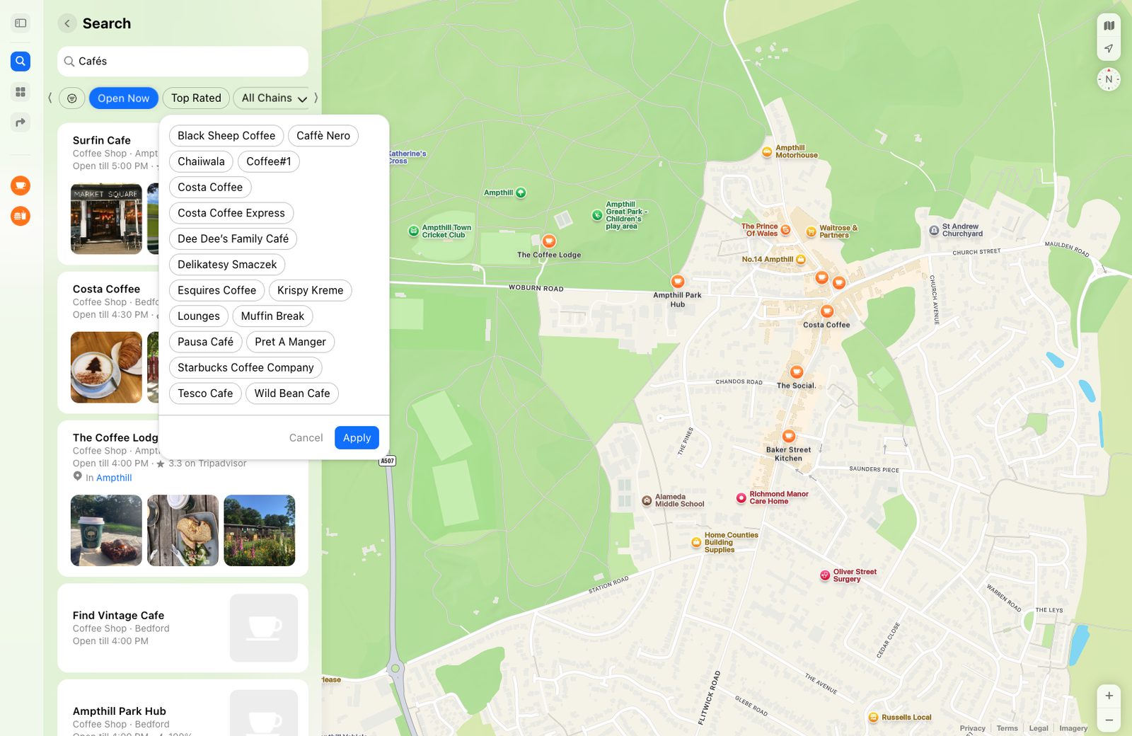 Apple Maps: the All Chains dropdown open over the list of cafés, zoomed in on Ampthill