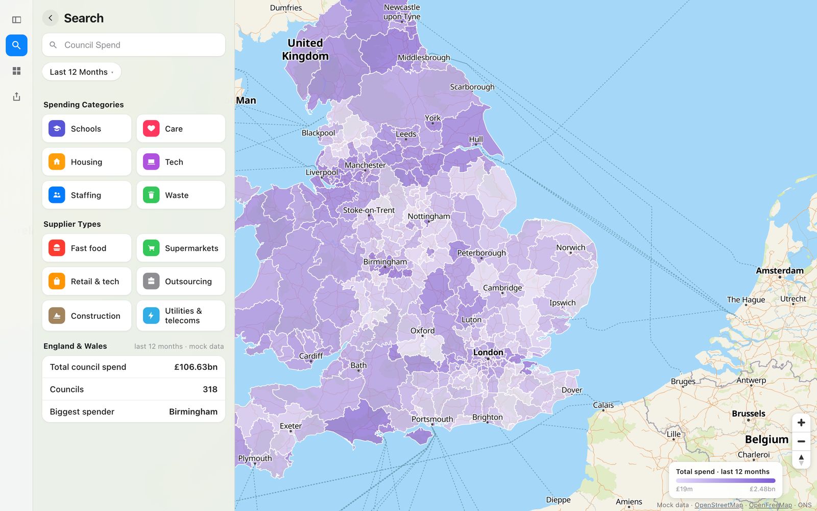 The Apple Maps version: a panel on the left with search, category tiles and totals, and the map beside it