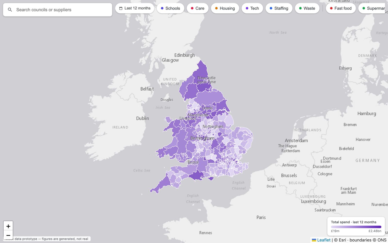 The Google Maps version: a search box and a row of category pills over a purple map of England and Wales