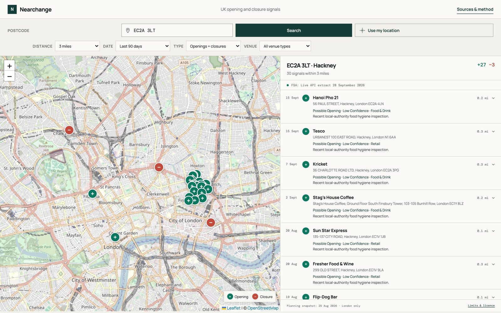 Nearchange: a map of openings and closures around a London postcode, with a list of new places next to it