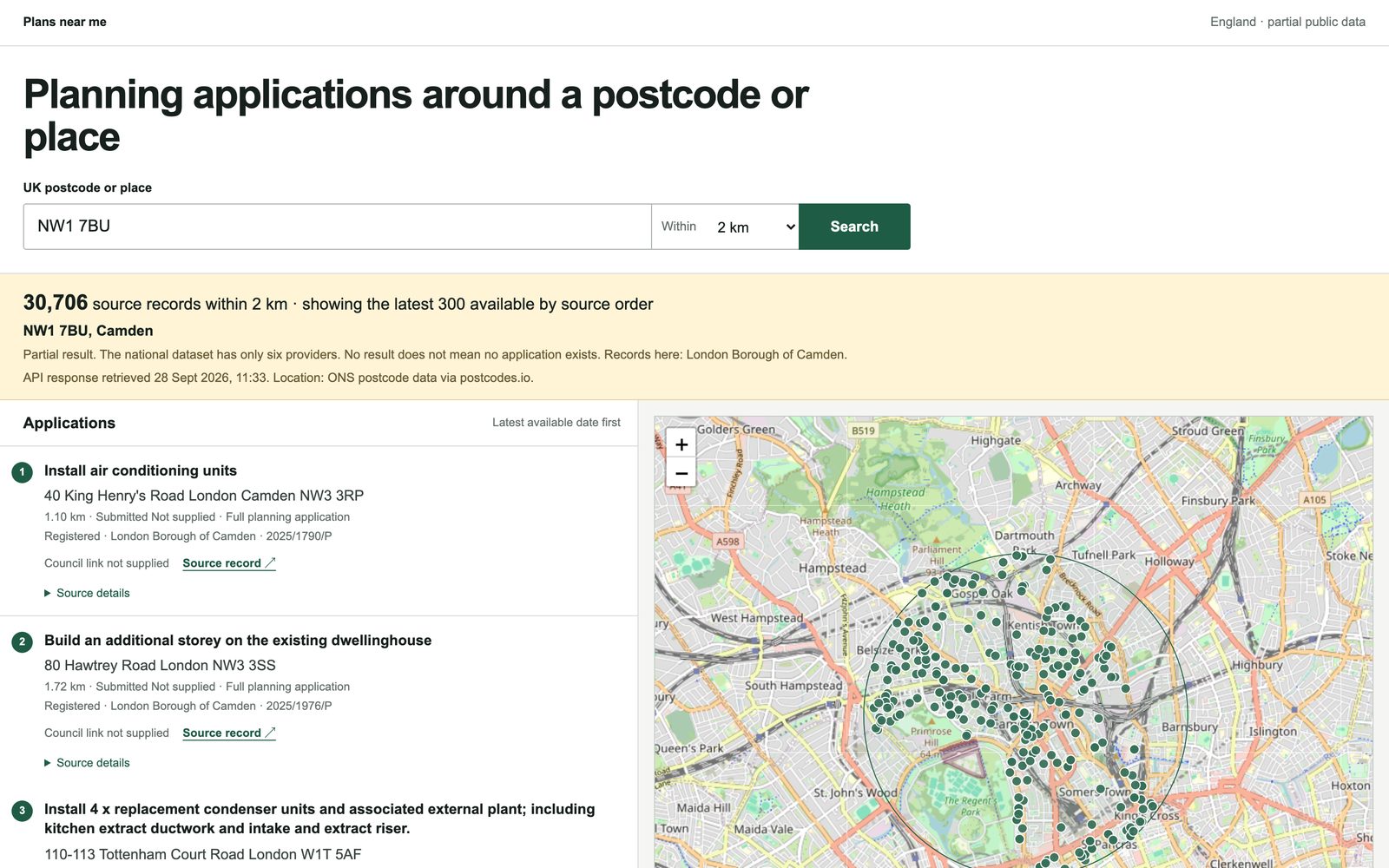 Plans near me: planning applications around a Camden postcode, a list on the left and a map on the right