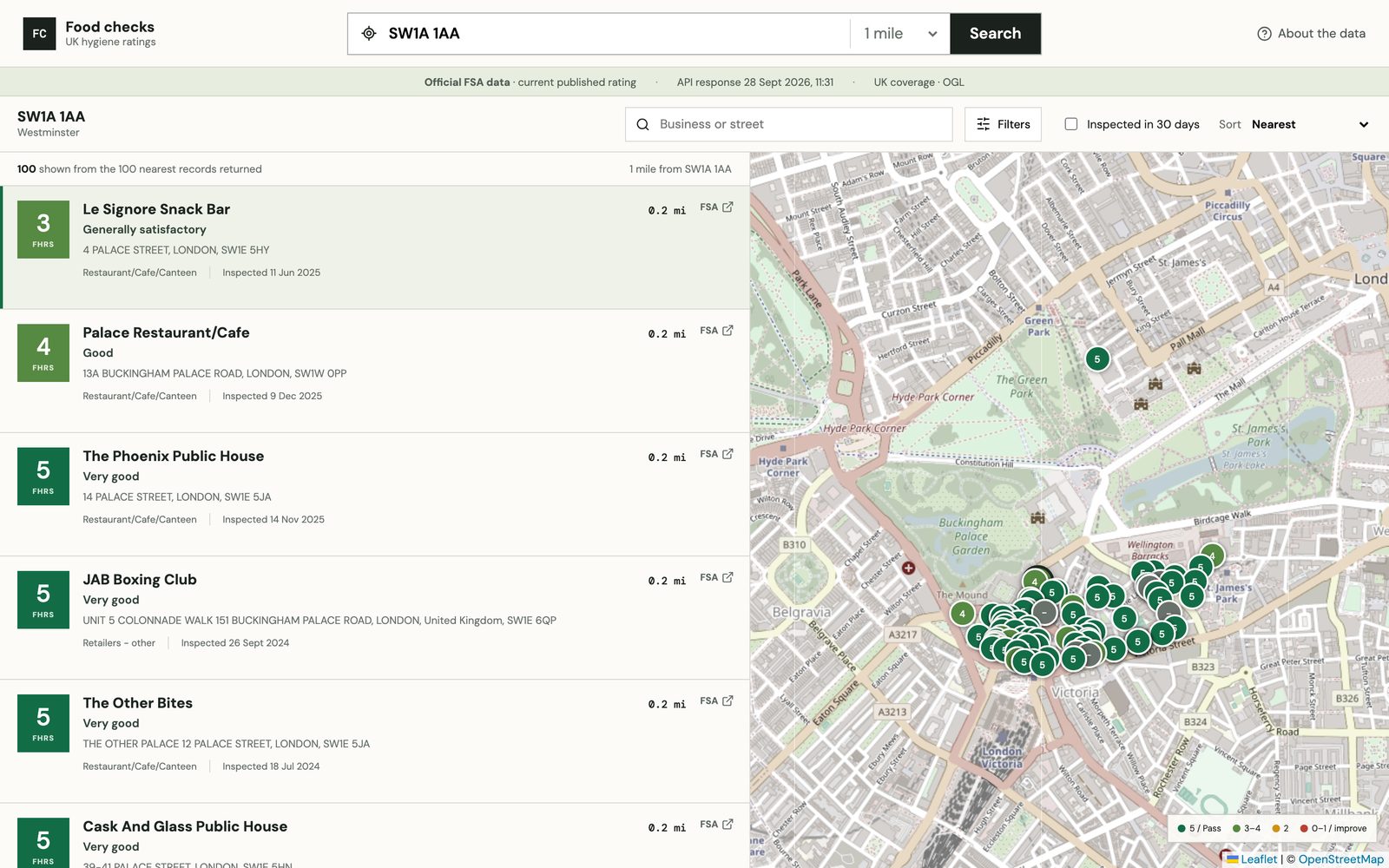 Food checks: food hygiene ratings near a postcode, a list of places with their score and a map of them