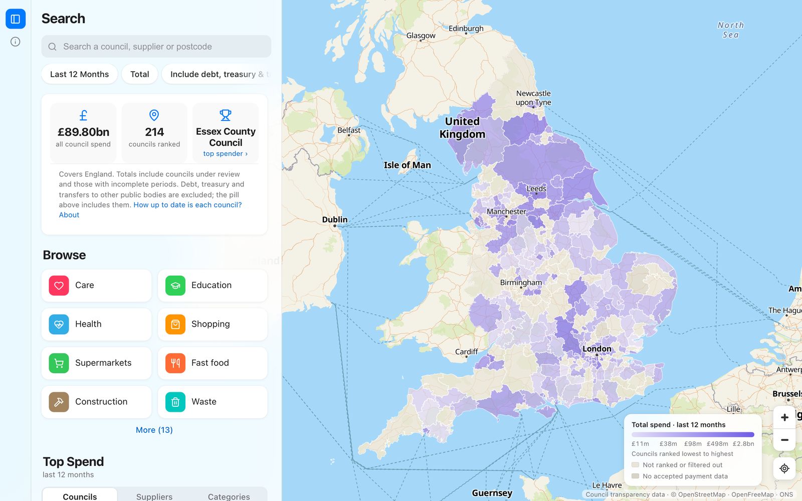 Council Spend Map: England coloured by council spending, with a search box, category buttons and a ranked list on the left