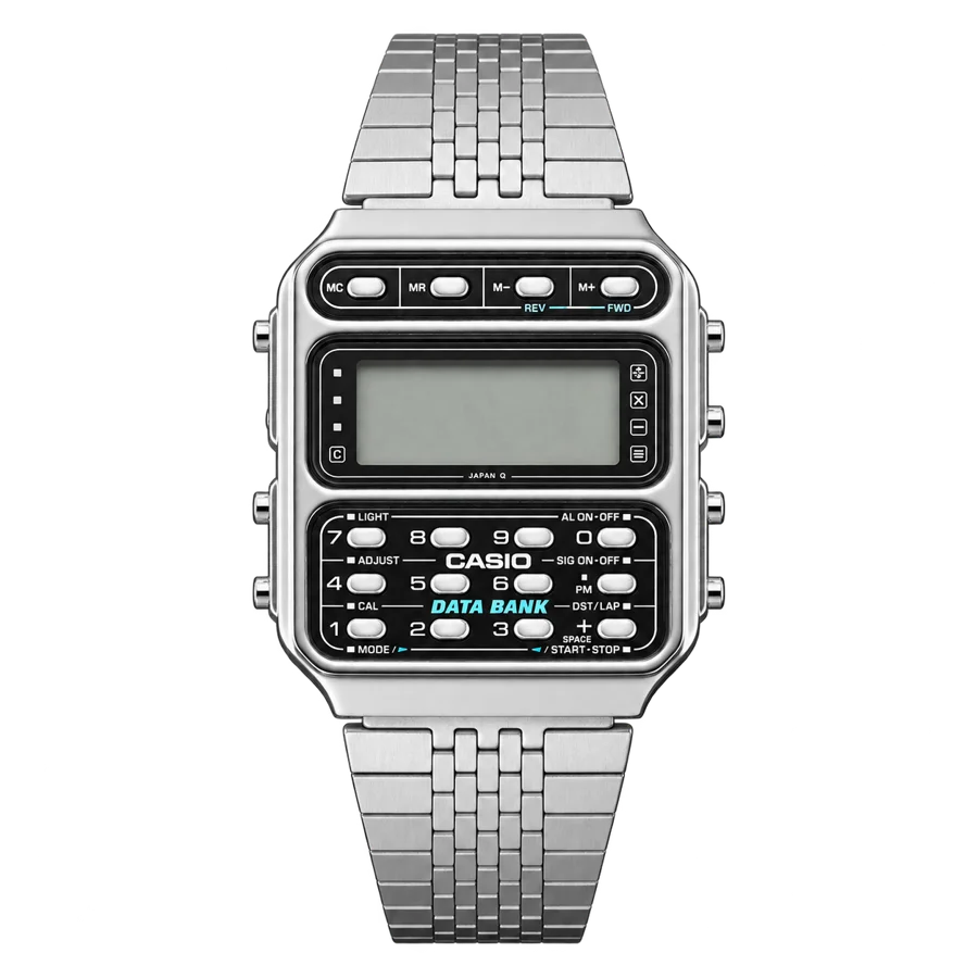 The new image: a silver Casio Data Bank CD-401 with a metal bracelet, four memory buttons above the screen and twelve below