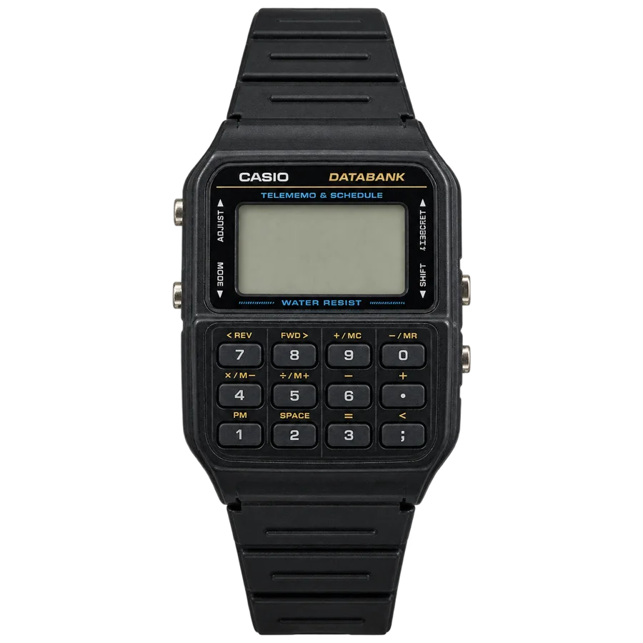 The first image: a black resin Casio Databank calculator watch, no particular model