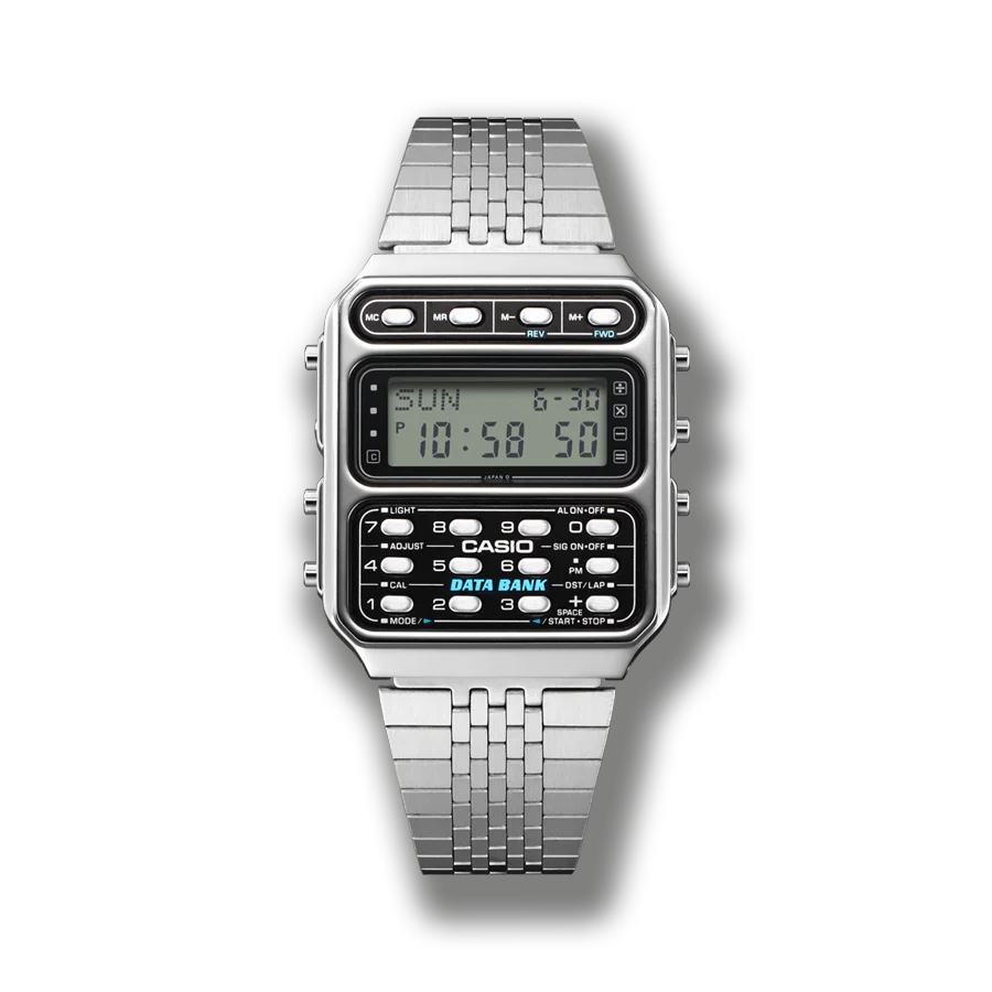 A real photograph of a silver Casio Data Bank CD-40 with a metal bracelet