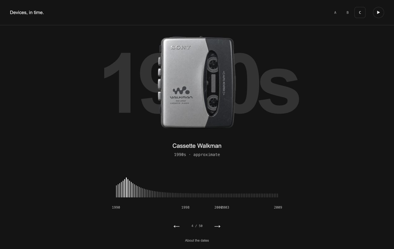 Layout C: a faint 1990s behind a Walkman, the name and date under it, the ruler below