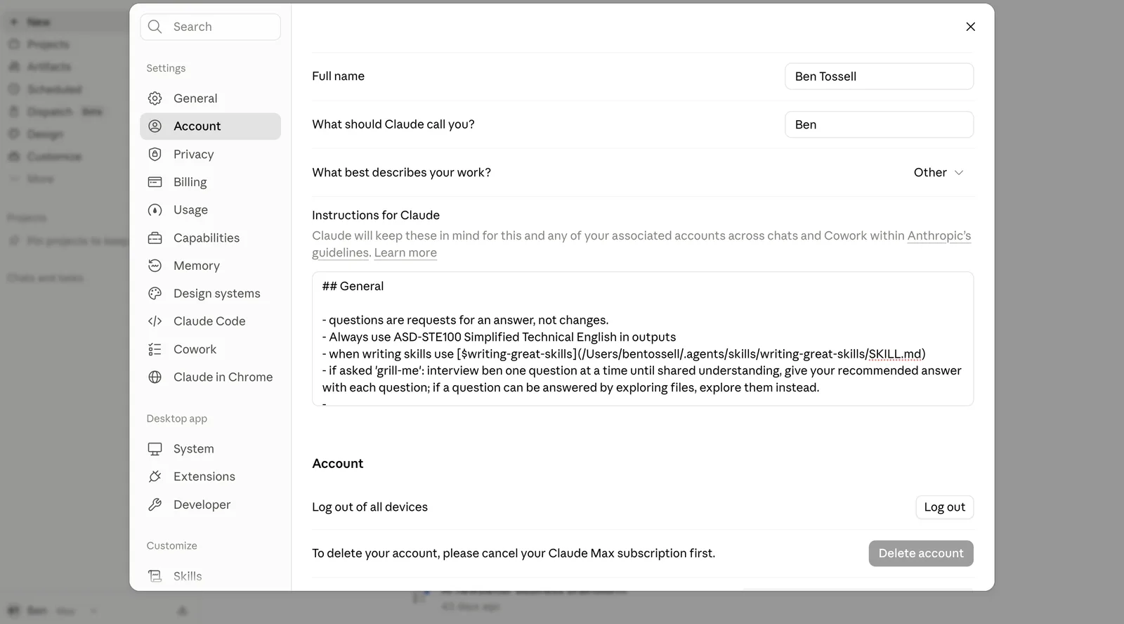 Claude settings, Account, Instructions for Claude: the same AGENTS.md text, starting with ## General