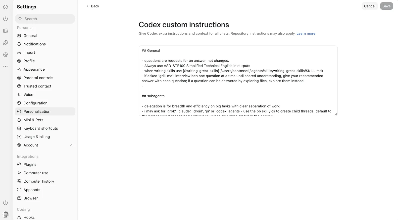 Codex settings, Personalization, Codex custom instructions: the same AGENTS.md text, starting with ## General and ## subagents