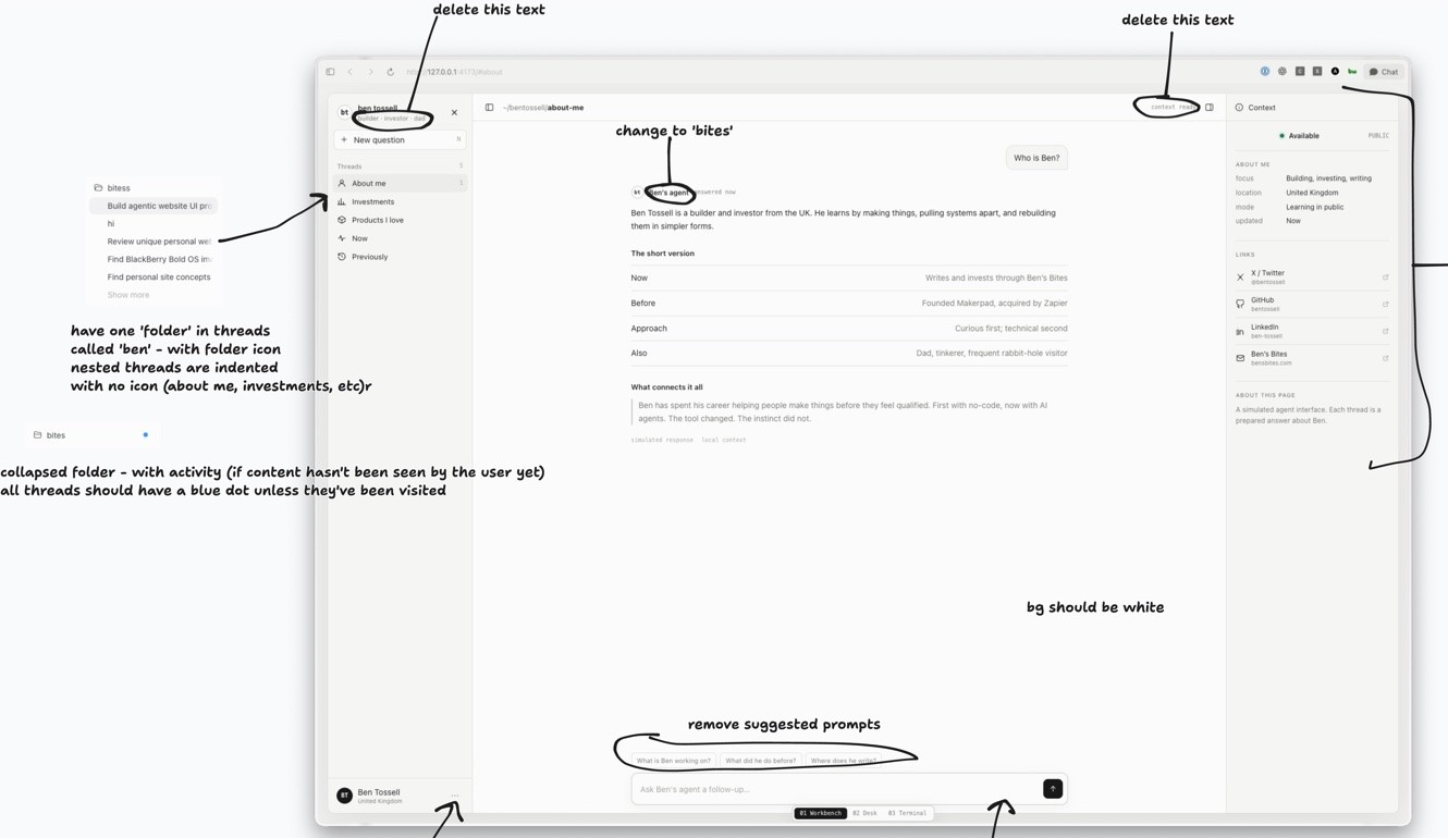 Ben's tldraw export: arrows and handwriting over the first version. Delete this text, change to bites, bg should be white, remove suggested prompts, have one folder called ben, all threads should have a blue dot unless they've been visited.