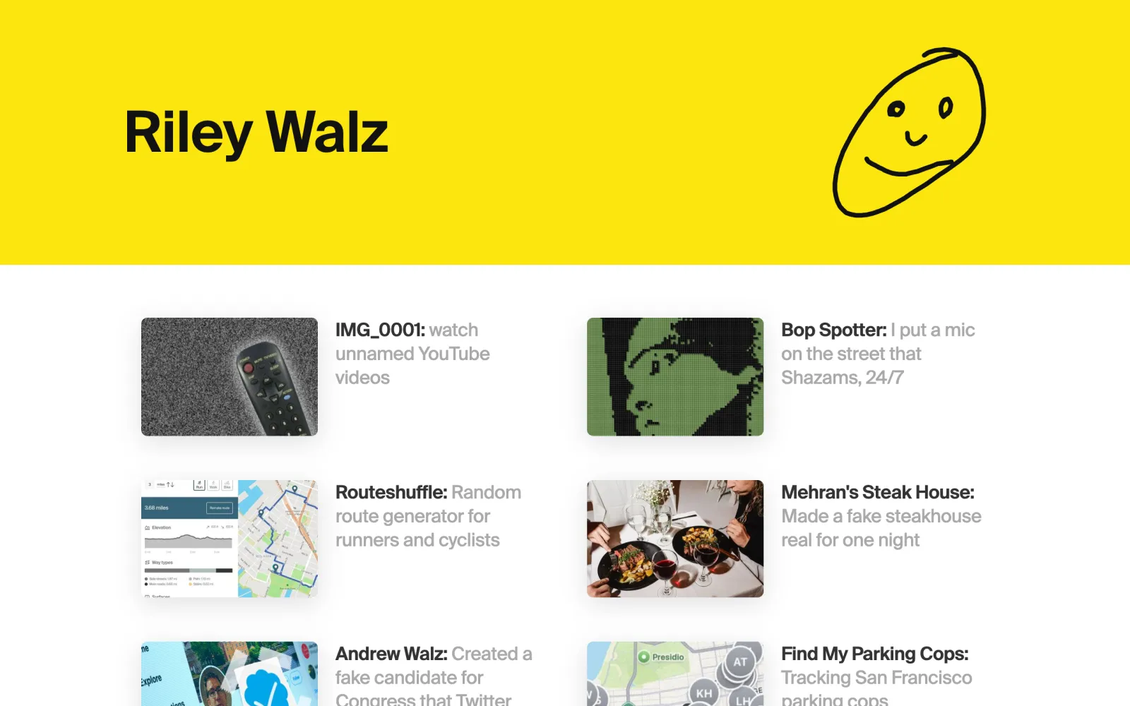 Riley Walz’s site: a pink header and a grid of projects, including Bop Spotter, a mic on the street that Shazams 24/7, and Find My Parking Cops