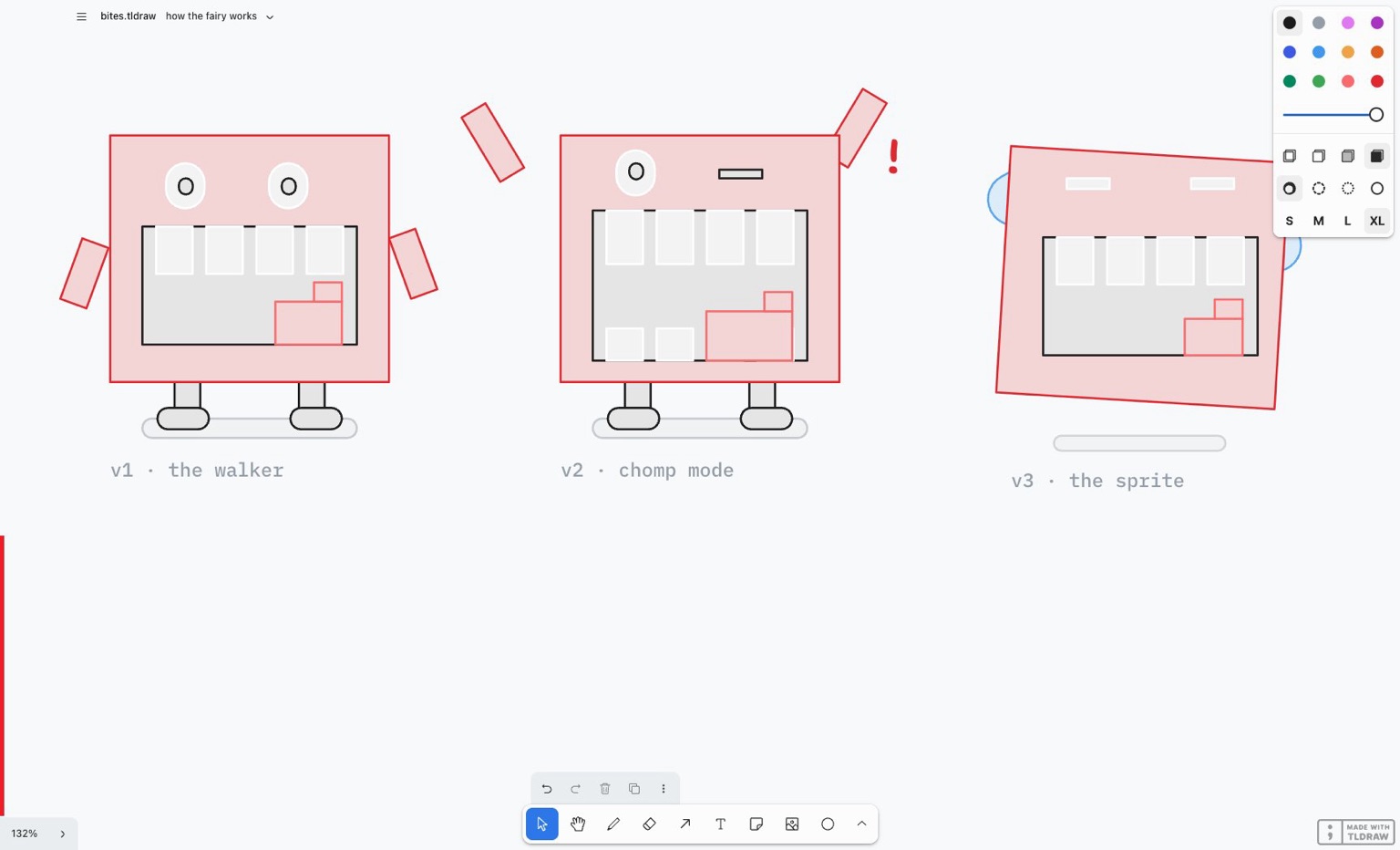 Three pale pink mascots made of tldraw shapes, labelled v1 the walker, v2 chomp mode and v3 the sprite