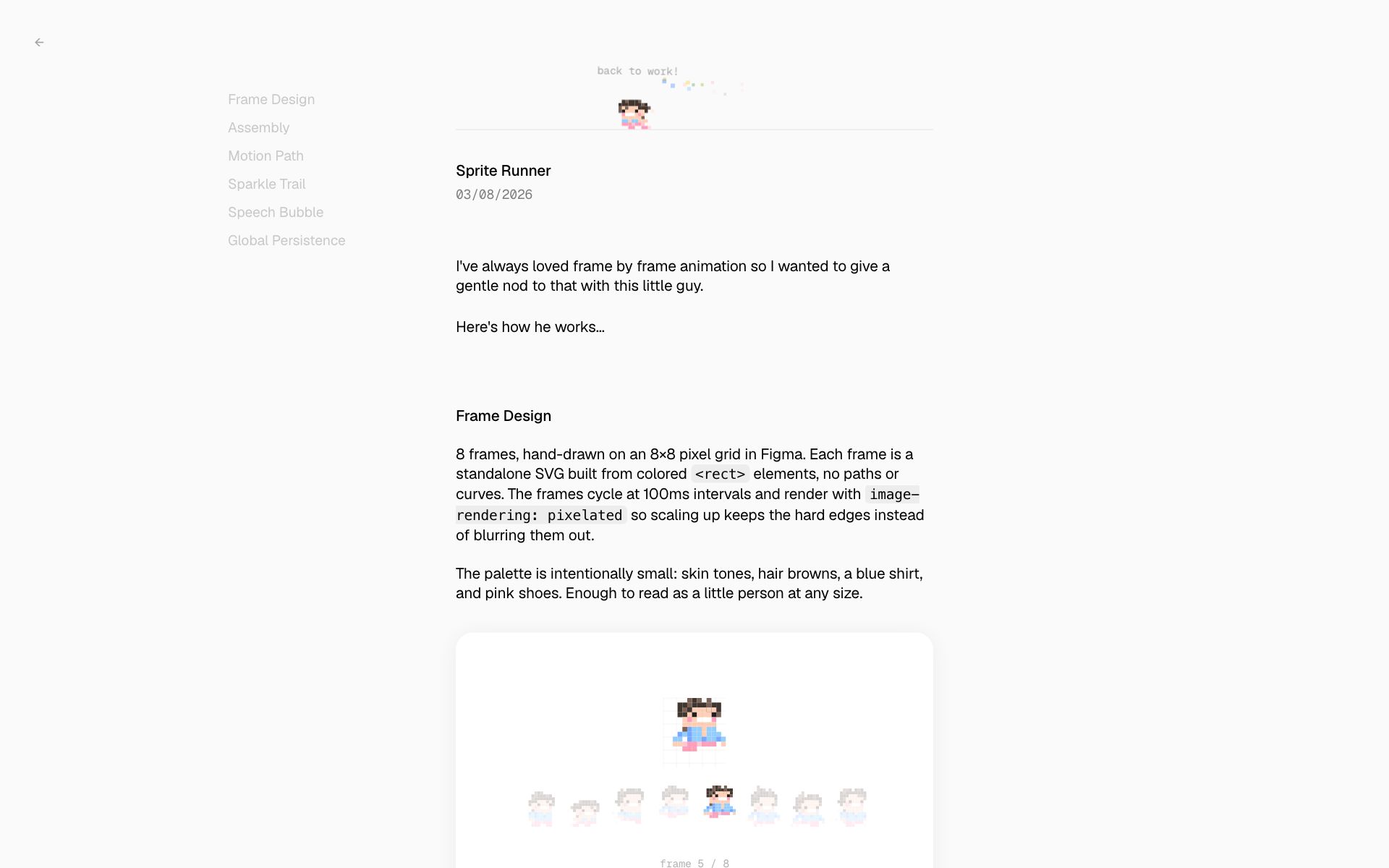 Noah Farrar’s Sprite Runner post: a tiny pixel person runs along a line at the top of the page