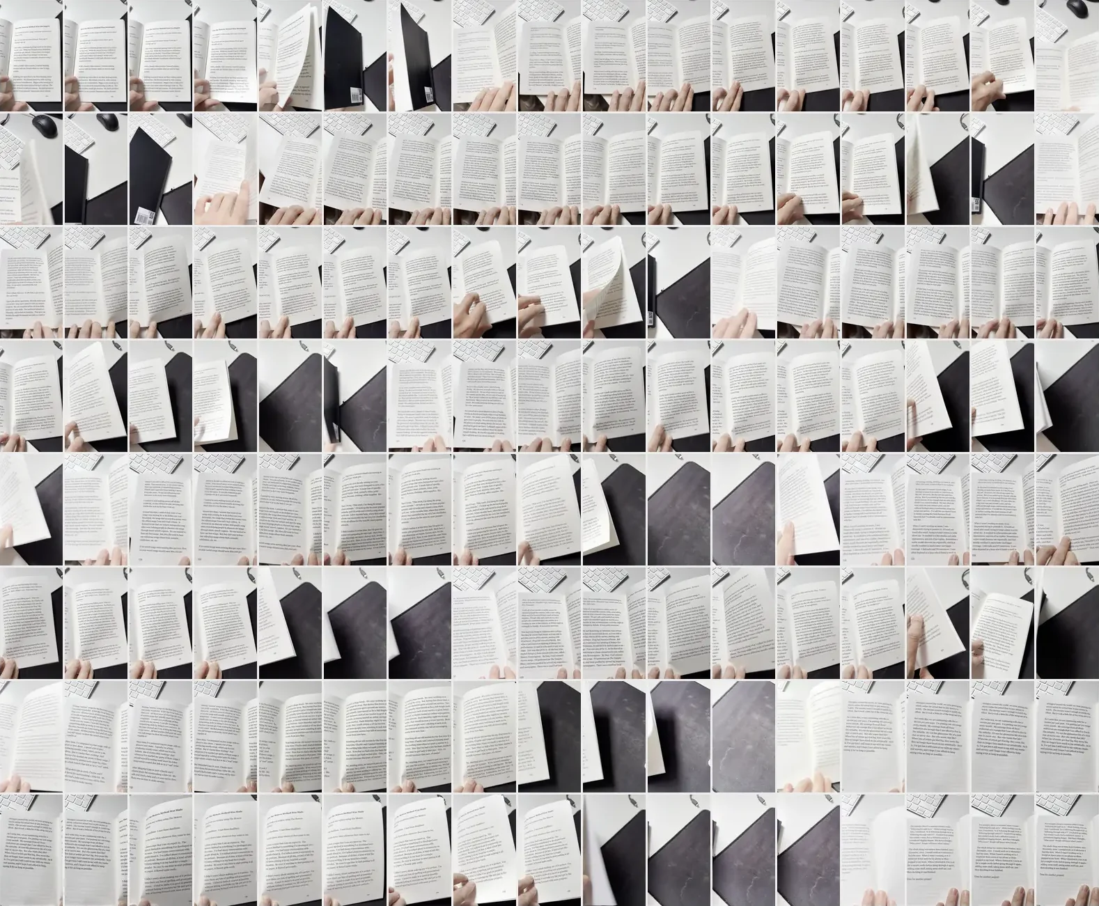 136 small frames from the video in a grid: page spreads, blurred page turns, the black back cover, my fingers on the pages